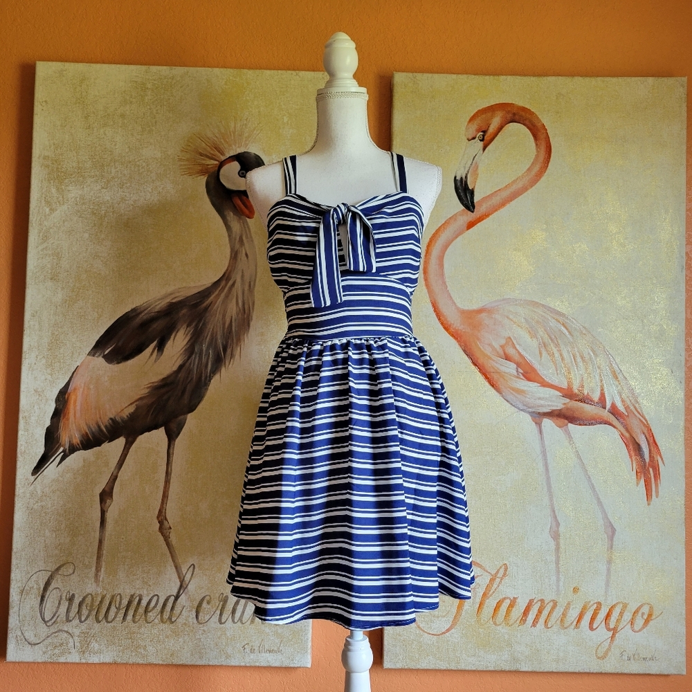 3/$25 NWT Sequin Hearts Retro Nautical Striped Dress 3 Navy Blue White Sailor